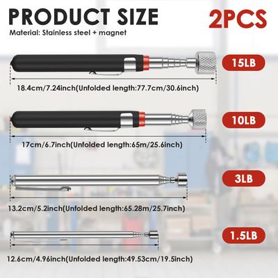 4/8 Pièces Outil de Ramassage Magnétique Outils Magnétiques Télescopiques à Pince 1.5/3/10/15LB Capacité Acier Inoxydable Bâton Magnétique Extensible