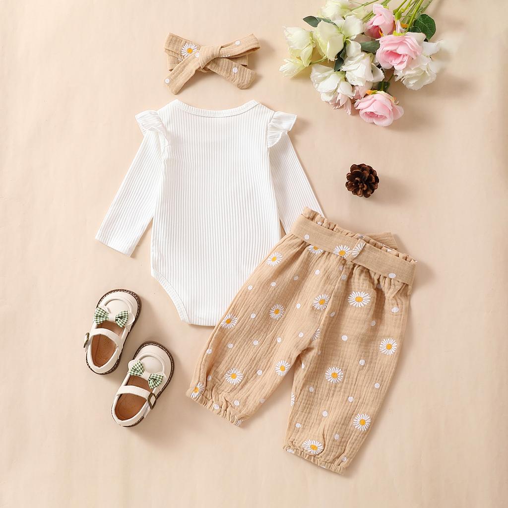 Baby Girls 3PCS Pants Sets White Long Sleeve Ruffle Romper Daisy Print Belted Pants Headband Sets
