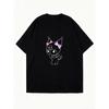 Oversized T Shirt Dress Black Cartoon Cat With Pink Ears And Bow Party Outfit Casual Wear For Women