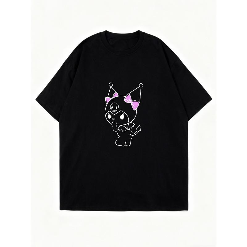 Oversized T Shirt Dress Black Cartoon Cat With Pink Ears And Bow Party Outfit Casual Wear For Women