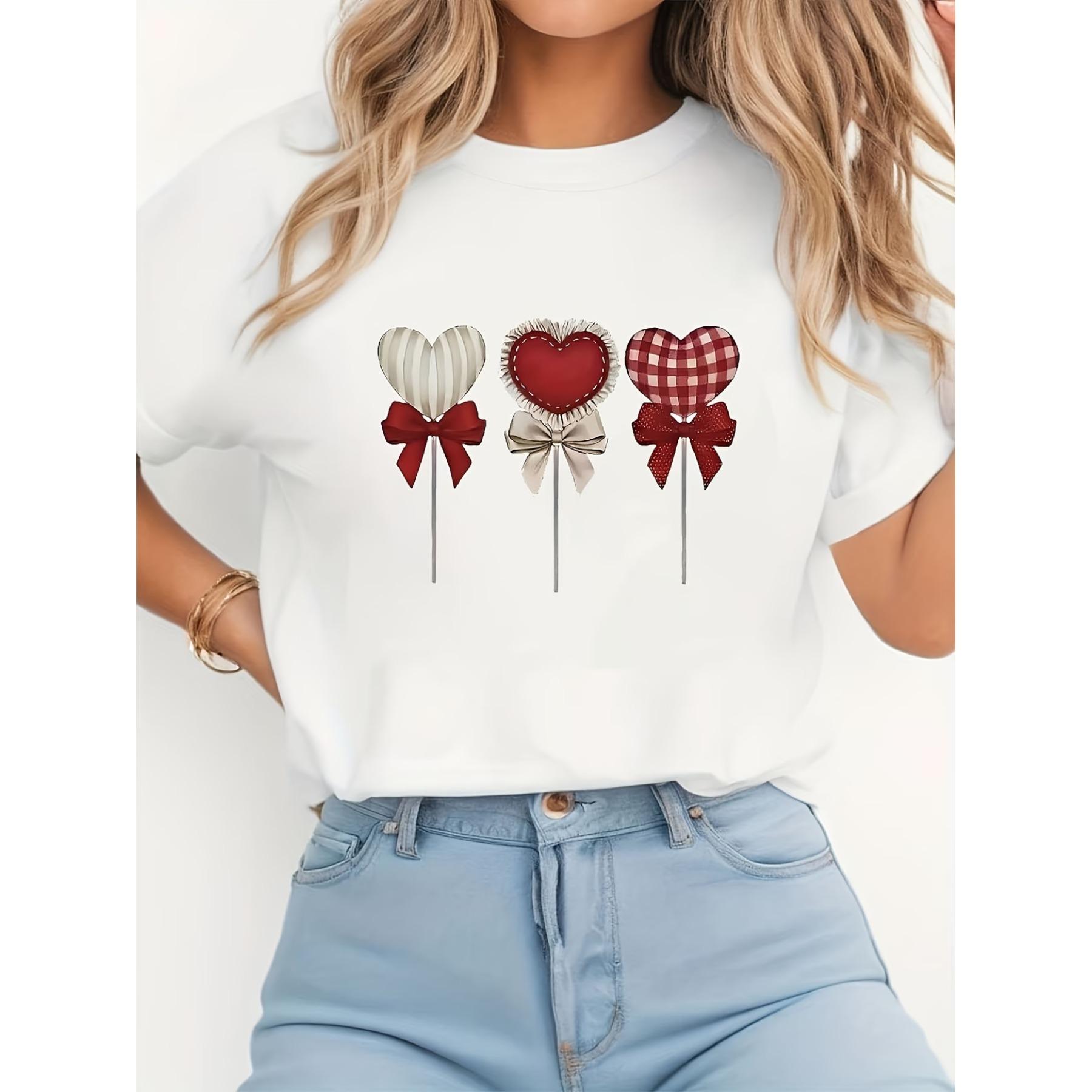 

Women s White Short-Sleeve T-Shirt with Lollipop Love Heart & Bow Applique - Sweet Romantic Round Neck Blouse for Valentine s Day S