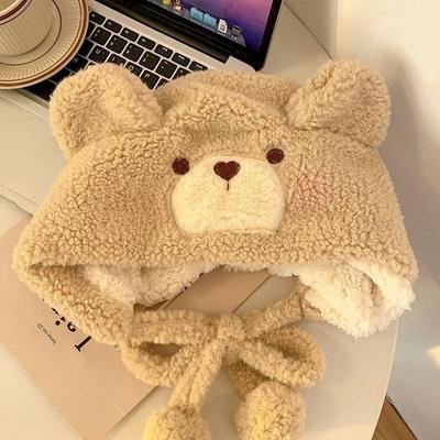 Autumn and Winter Plush Bear Blush Hat Ear Protection and Thick Bun Hat Girls Riding Cold