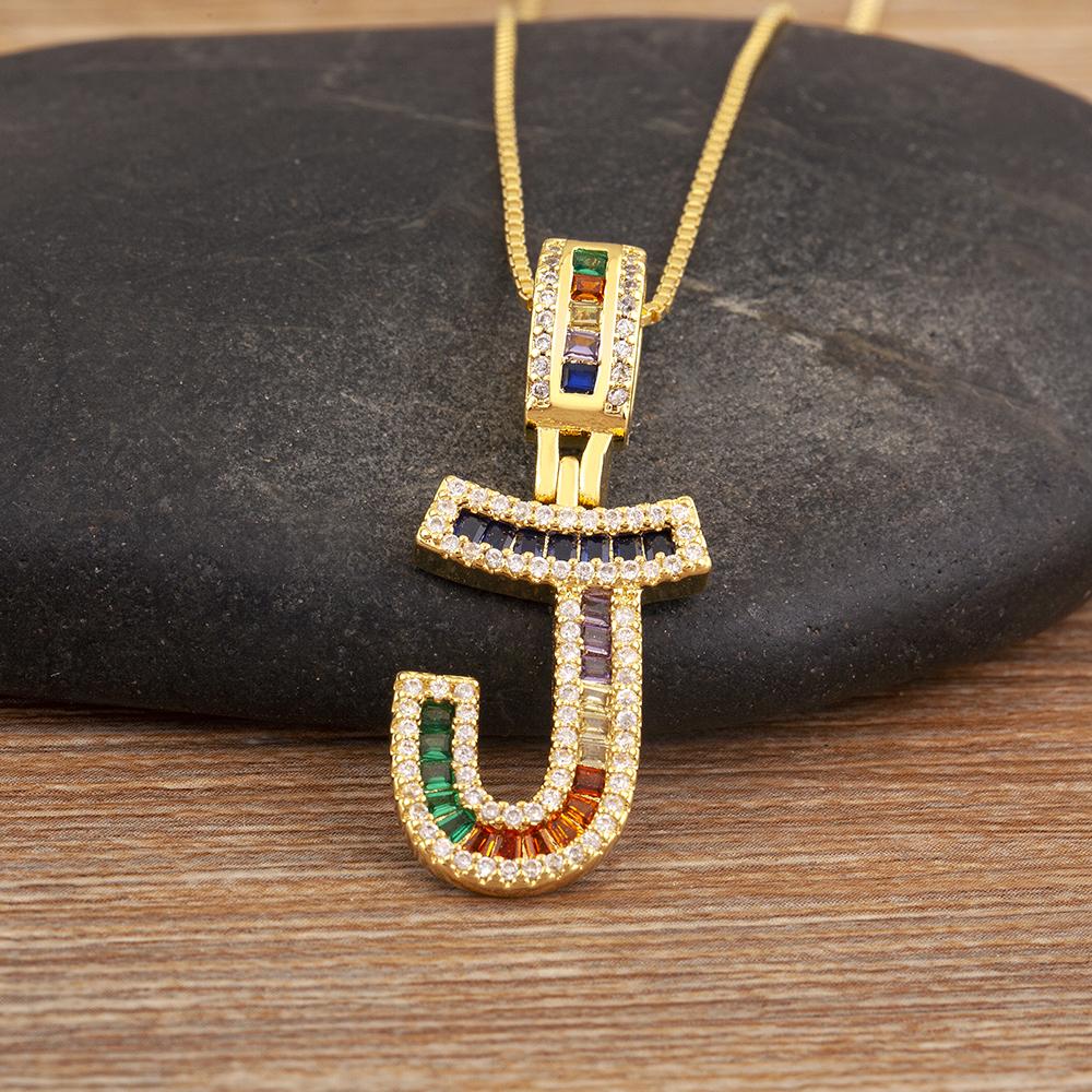 Nidin Simple Fashion 26 A-Z Letters Alphabet Rainbow Cubic Zirconia Pendant Necklace For Women Men Hip-Hop Style Copper Jewelry