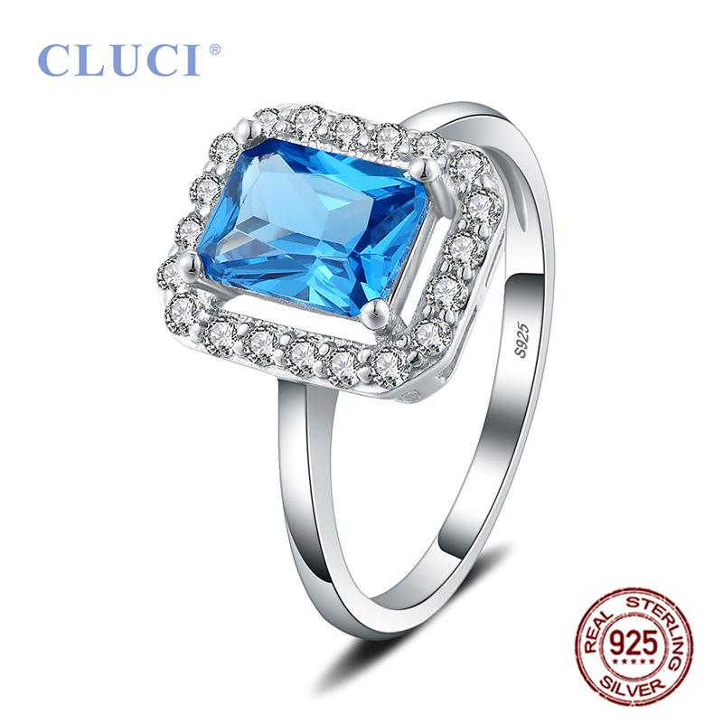 

CLUCI Elegant 100% Real 925 Sterling Silver White Blue Square Cubic Zircon Engagement Finger Rings for Women DR1049SB 6