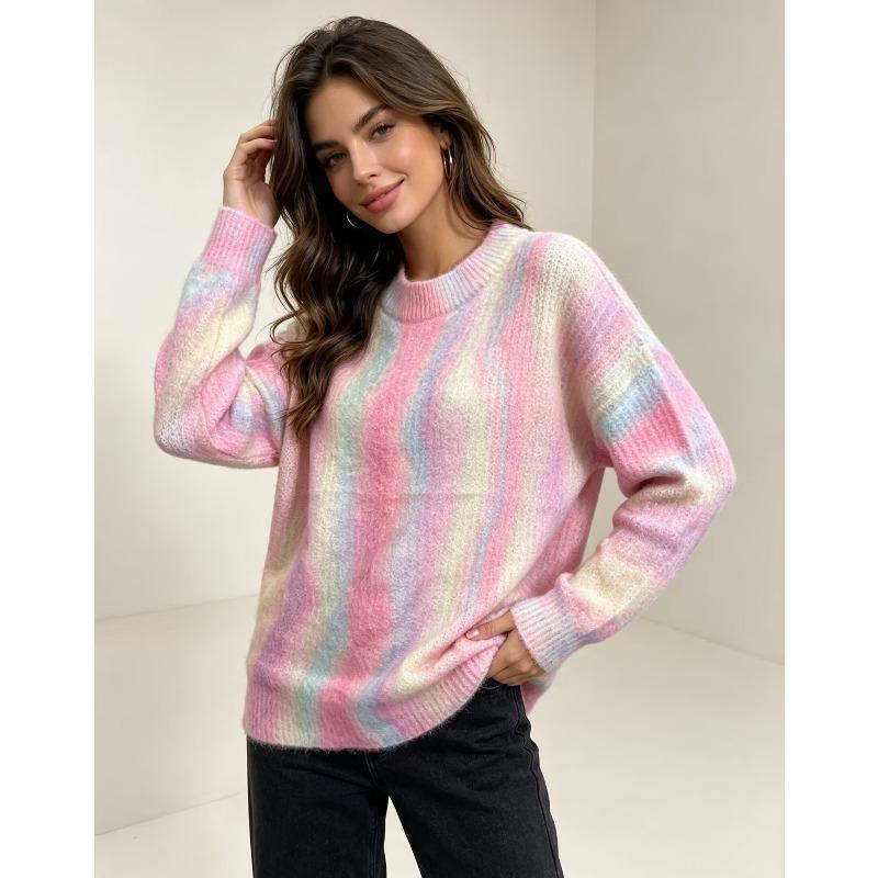 2026 Autumn Women Colorful Sweaters Knitting Basic Fashion O-Neck Style Loose Pullover Sweater