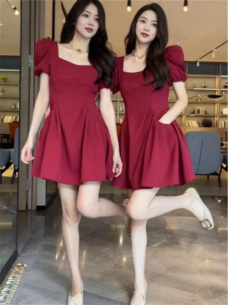 Summer Square Neck Puff Sleeve Ruched Slimming Dress for Women