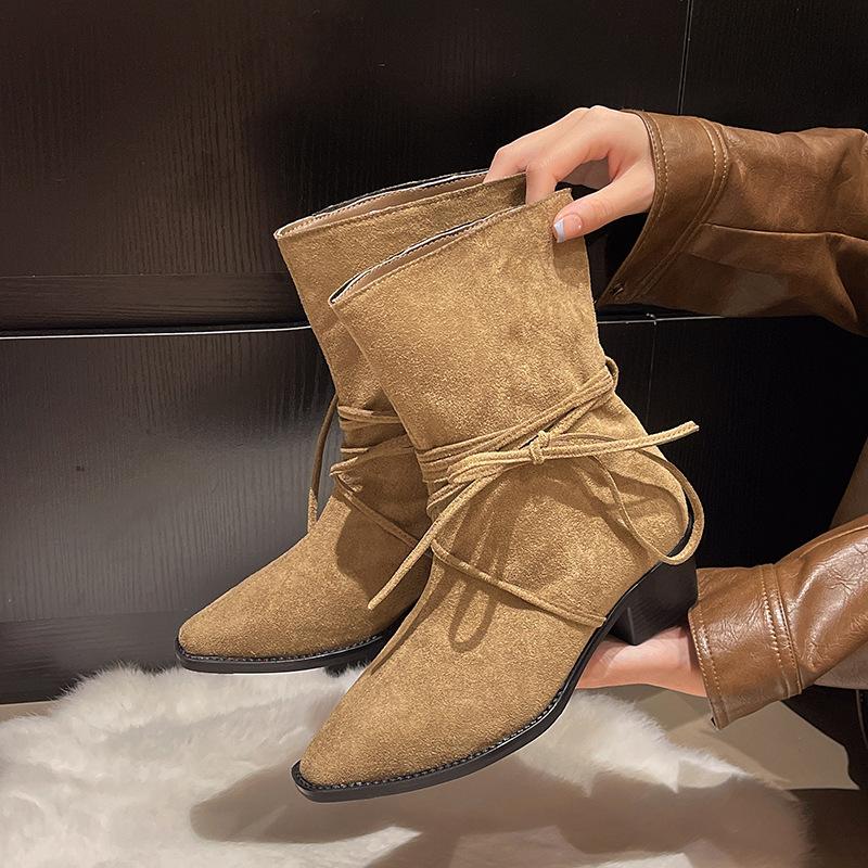 2025 autumn and winter new women's boots suede boots thick heel boots western cowboy boots comfortable warm versatile knight boots