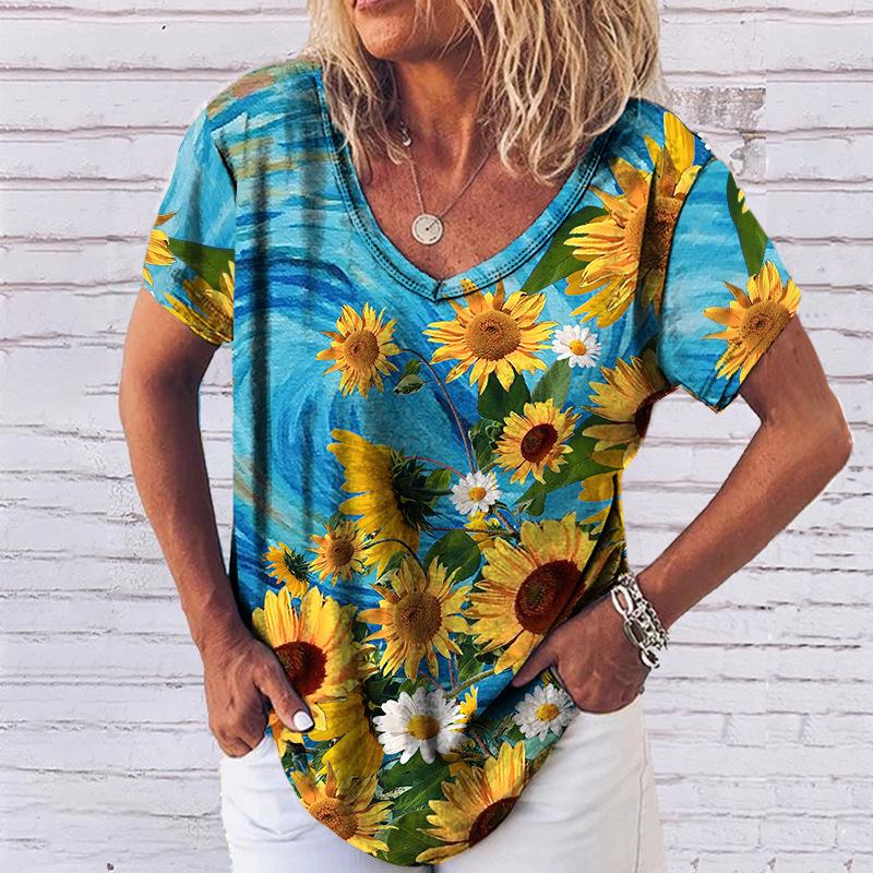 Summer V-neck 3D Pigeon Printed Top Fashionable Casual Short Sleeved Women's T-shirts