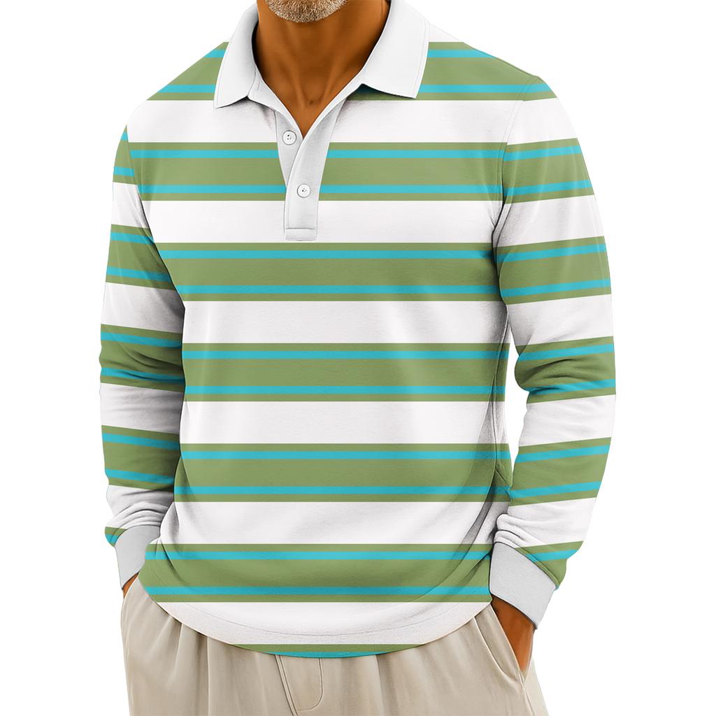Men's Casual Striped Print Button-Up Long-Sleeve Tops