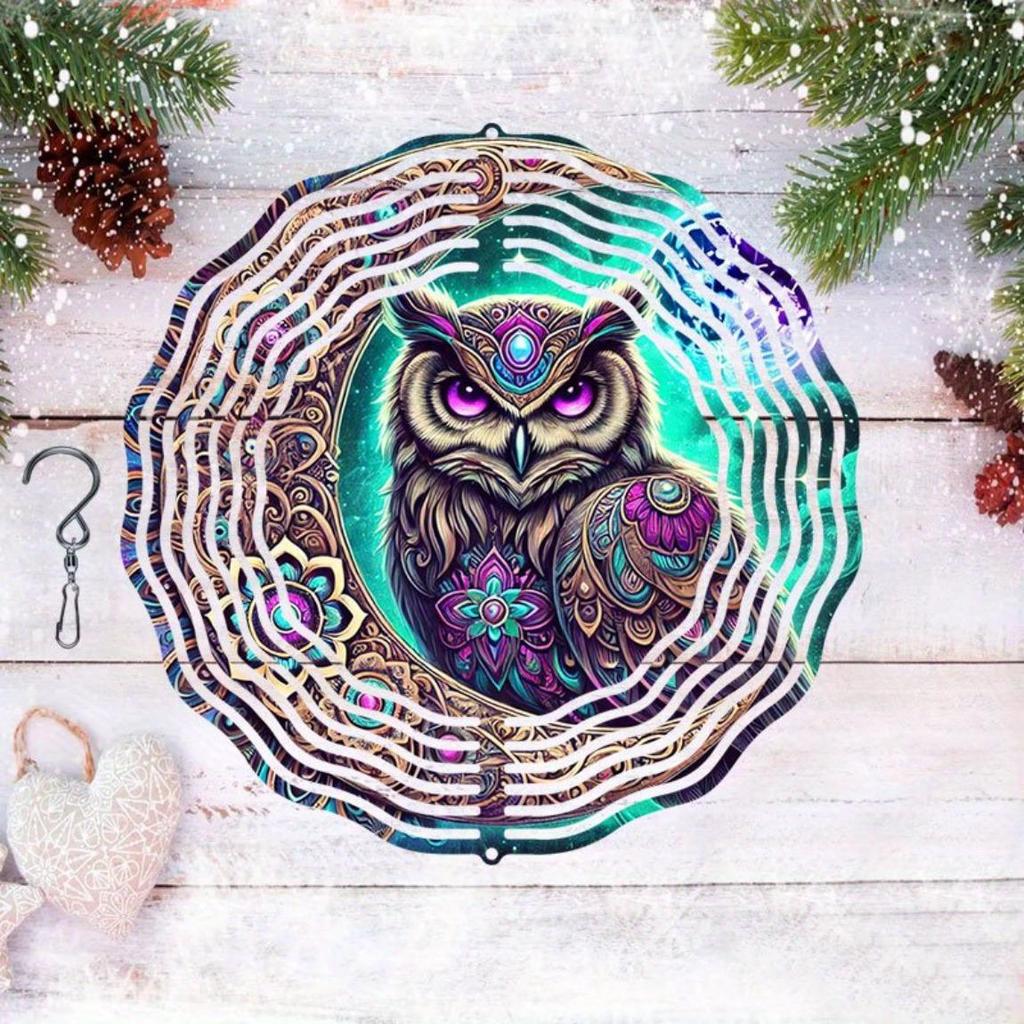 3D Metal Owl Wind Chime Outdoor Hanging Decor with Iridescent Purple Blue Golden Patterns Perfect for Christmas Thanksgiving Holiday