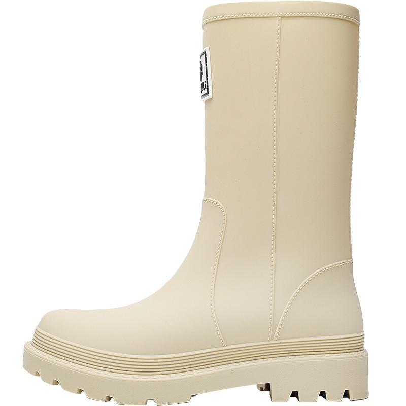 Medium tube rain shoes women's non-slip water shoes fashion water boots thick-soled rain boots fleece work rubber shoes