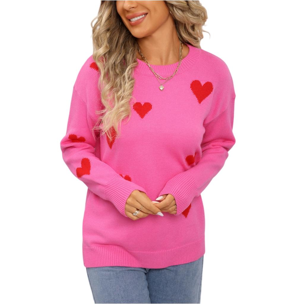 Dámský módní svetr ve tvaru srdce, volný a všestranný pletený pulovr na Valentýna