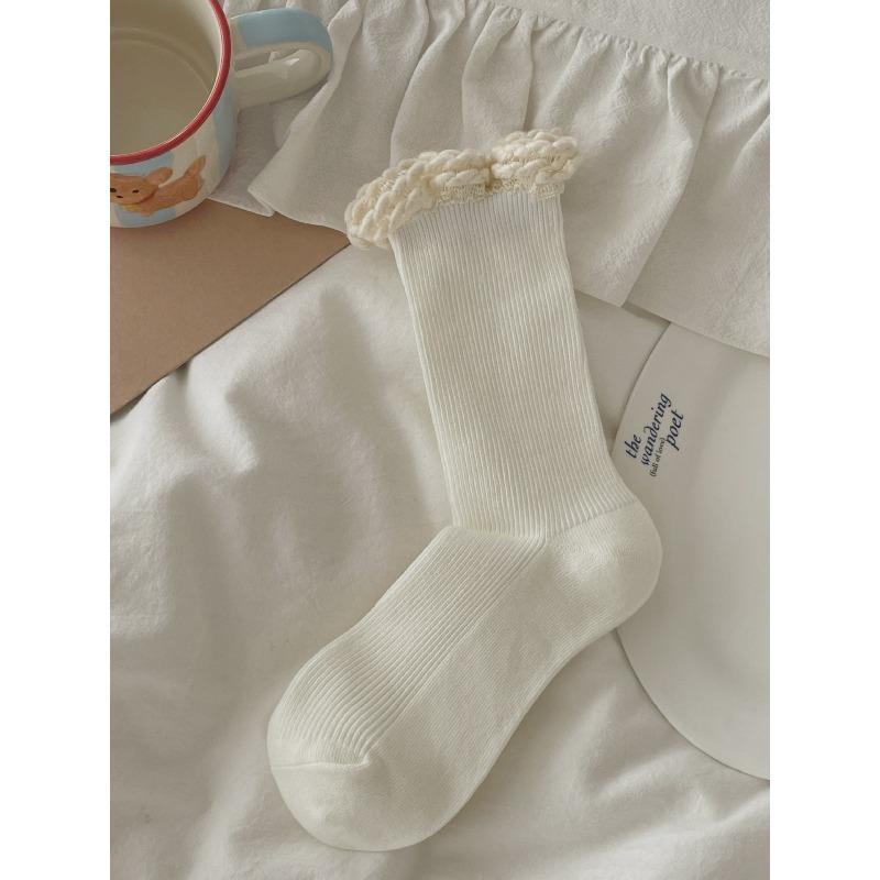 Women's Spring and Autumn Solid Color Versatile Knit Lace Mid Tube Stack Socks