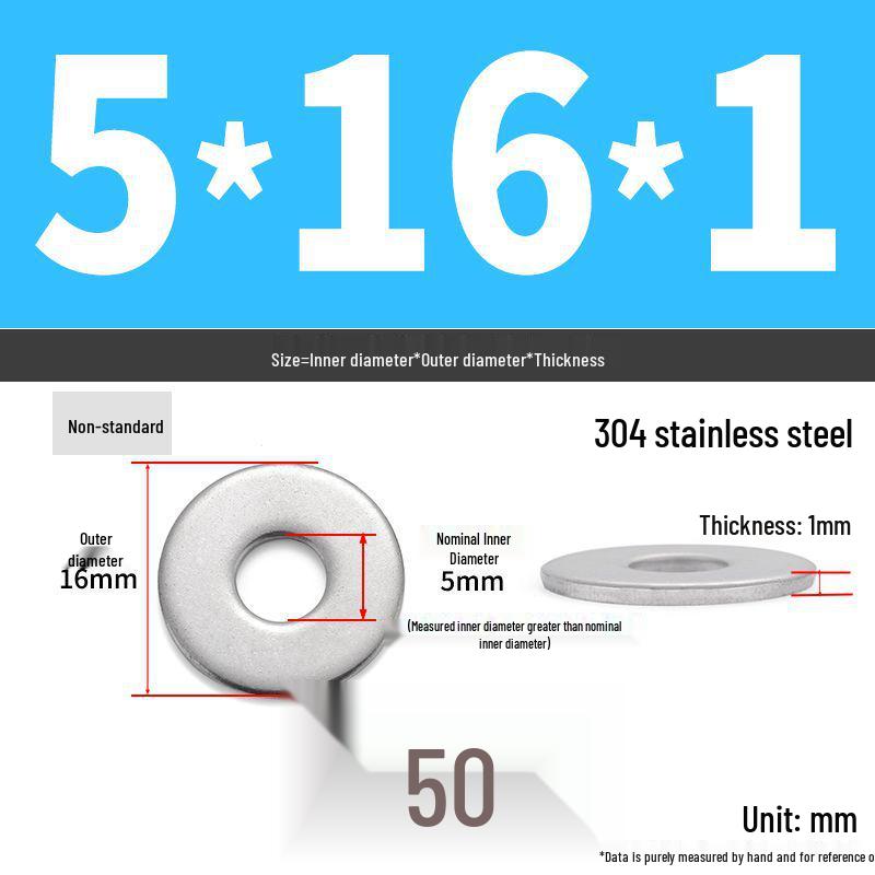 304 Stainless Steel Thickened Flat Washer Ring - Various Sizes (M1.6-M22)