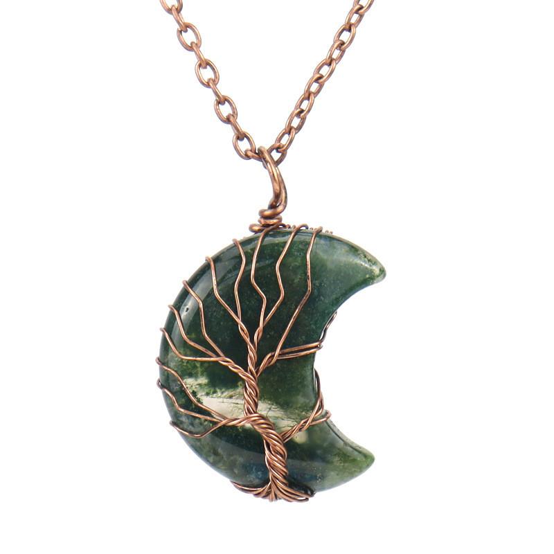Moon Shape Design Natural Crystal Pendant Necklace With Tree Of Life Design For Women