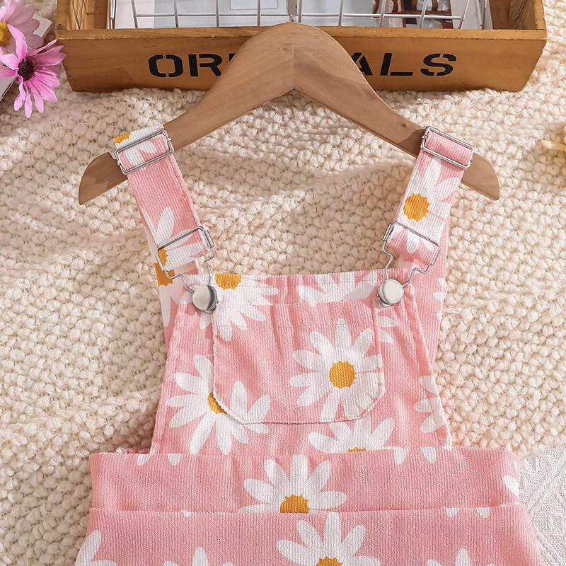 Girls' Outfit Children's Clothing Summer New Ribbed Long Sleeve Top Printed Strap Dress Two-Piece Set