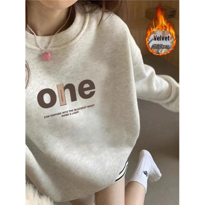 Women's Fleece-Lined Sweatshirt: Cartoon Cat, White & Gray, Long Sleeve, Round Neck, Autumn/Winter 2025 Style