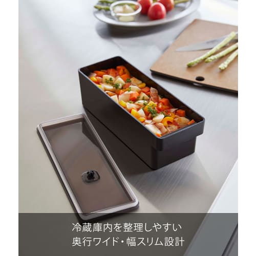 Yamazaki Tower 7710, a deep-access, airtight food container with handle, black, approximately W10 x D27.5 x H8.4cm, with a bubble.