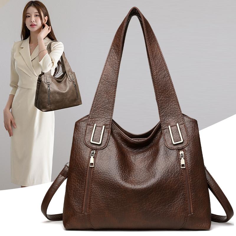 Large Capacity Leather Tote Bag for Women Vintage Shoulder Handbag with Zip Pockets
