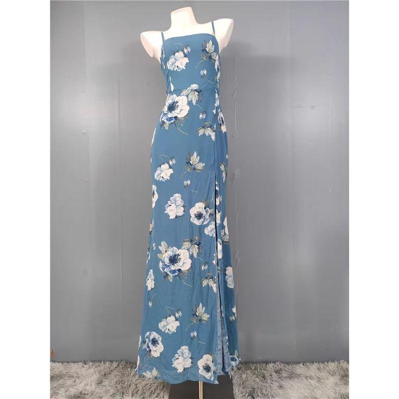 Foreign Trade Lu's Exquisite Print Square Collar Niche Design Open Collarbone Sling Backless Sexy Vacation Beautiful Dress