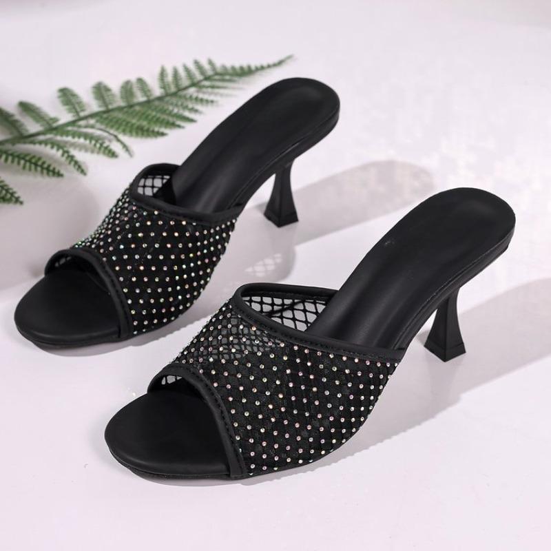 Fashion Temperament Slip-on Slippers Summer New Round Head Open-toe Rhinodrill Mesh Set Foot Anti-slip Wear-resistant High Heels