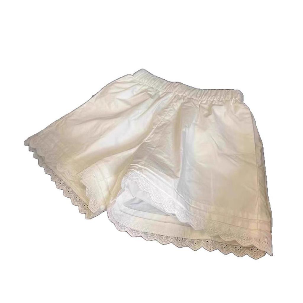 Women's White Lace Trim A-Line Shorts - Summer Loose-Fitting, Versatile, Casual Wide-Leg Pants