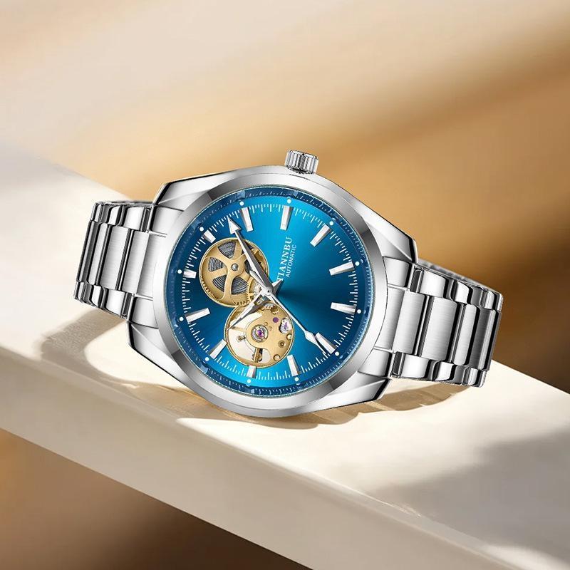 Gold Automatic Mechanical Watch for Men Luxury Skeleton Stainless Steel Waterproof Luminous Business Dress Wristwatch