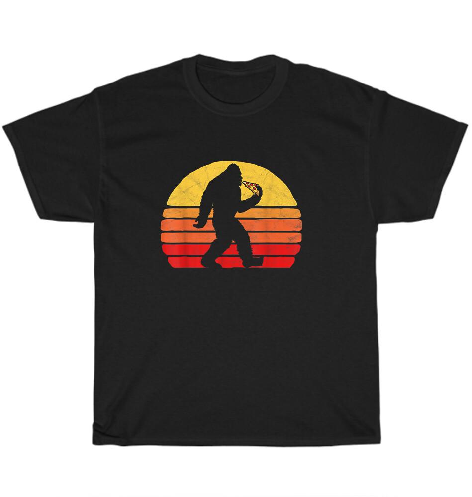 

Vintage Retro 80s Graphic Sasquatch Bigfoot Eating Pizza Funny T-Shirt Unisex 4XL