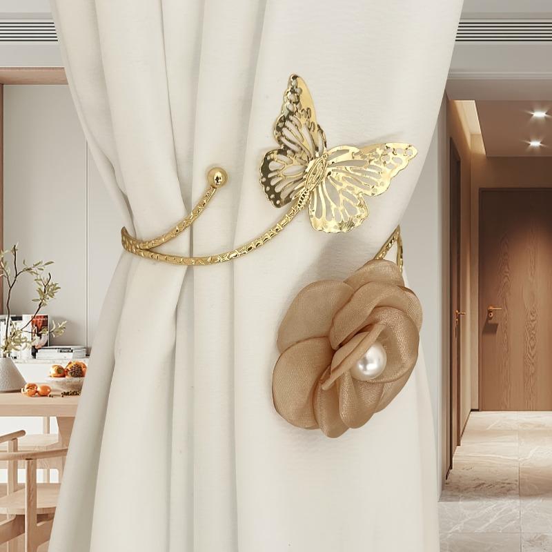 2pcs Three-dimensional Butterfly Flower Pearl Curtain Hooks Without Holes for Bedroom and Living Room Soft Decoration Curtain Ties