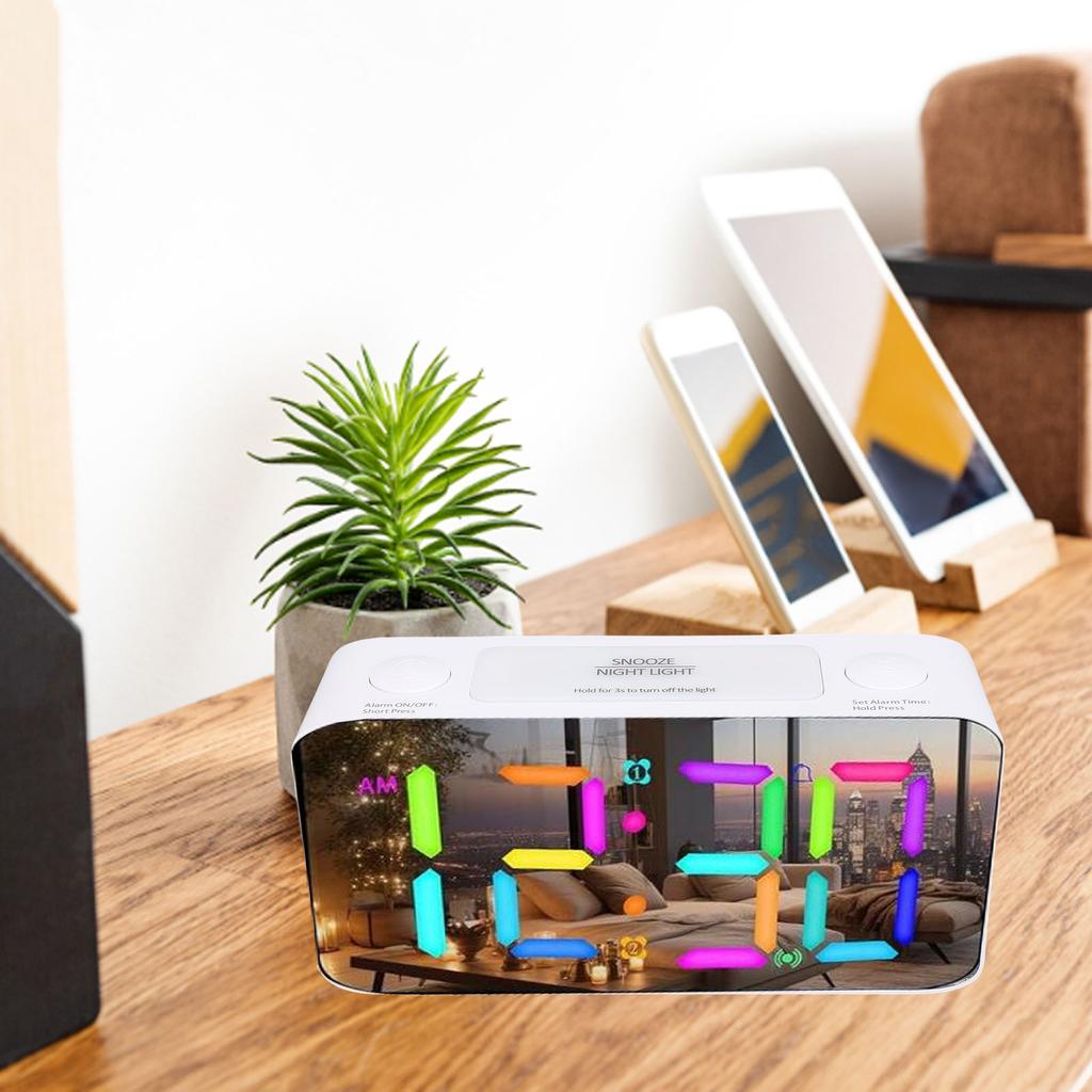 7 Inch Mirror Alarm Clock with Bed Shaker RGB Night Light 5 Levels Volume Vibrating Alarm Clock for Heavy Sleepers Seniors