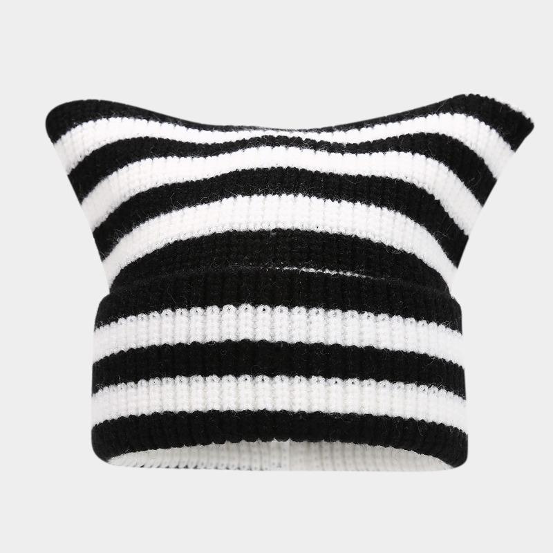 Black and White Striped Cat Ear Hat Thermal Pullover Hat Knitted Hat Fashionable Versatile Cold Hat