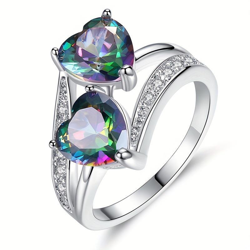 European & American Style Colorful Gem Double Heart Ring - Fashionable Women's Engagement Jewelry 