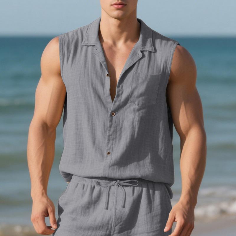 Fashionable Lapel Sleeveless Cardigan Linen Loose Simple Beach Men’s Casual Shirts