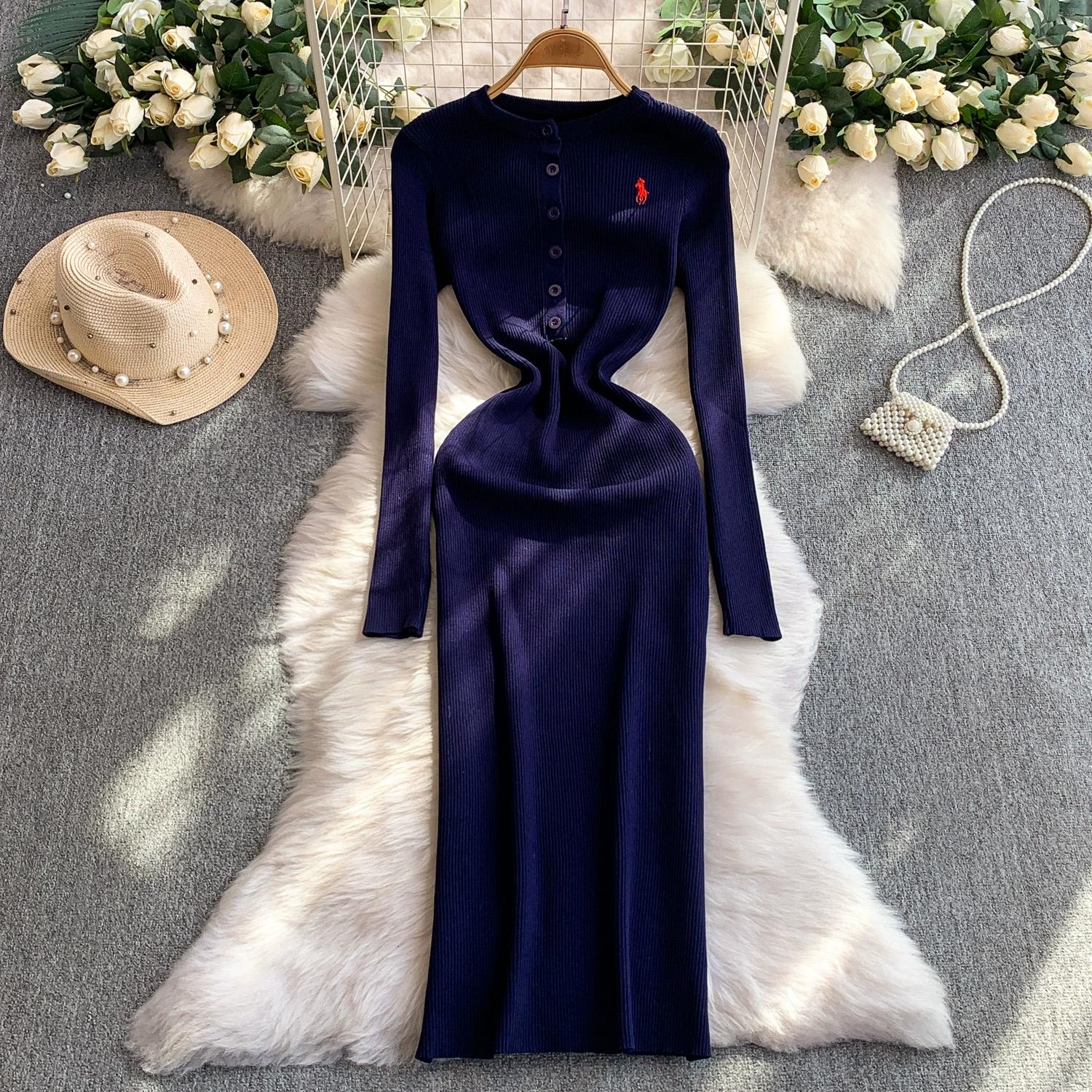 

Spring Autumn Women Casual O-neck Embroidery Knitted Sweater Long Midi Slim Dresses One Size темно-синий