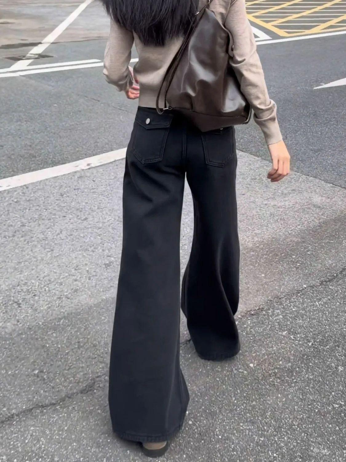 

2026 Spring Women s High Waist Wide Leg Straight Jeans: Stylish & Slimming Floor-Length Pants Small чёрный