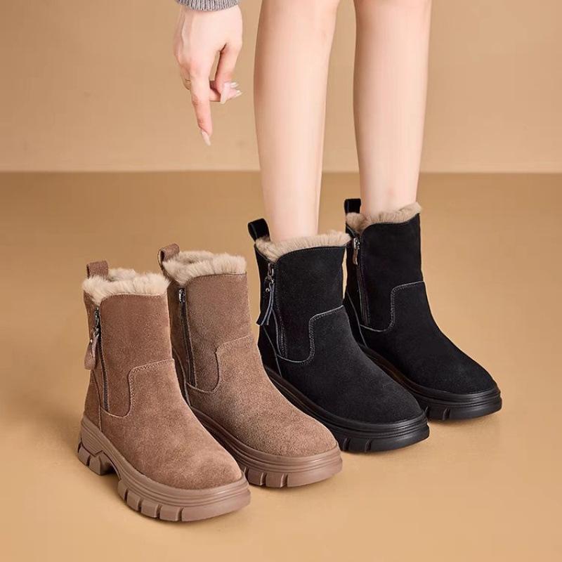 Snow boots new winter fur integrated fleece thick sole heightening leather short cotton shoes