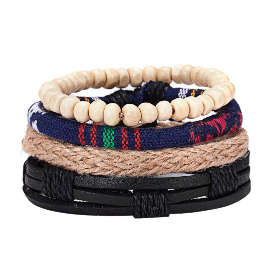 4Pcs/Set Vintage Men Mixed Style Braided Faux Leather Beaded Bracelet Bangle