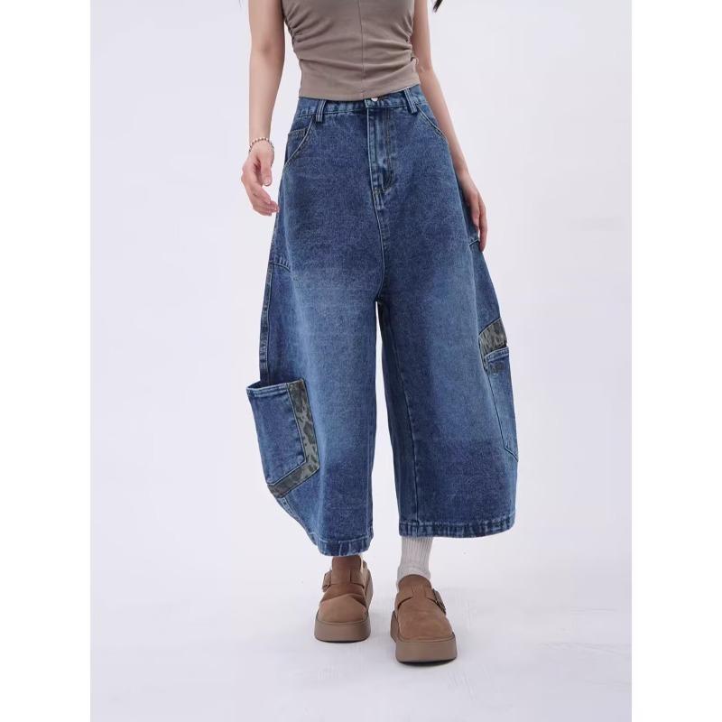 Vintage Leopard Print Splicing Pocket Scimitar Jeans Men's and Women's Trend Hip-hop Loose Wide-leg Tooling Cropped Pants