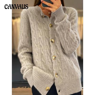 Jesienny i zimowy damski sweter w jednolitym kolorze, długi rękaw, okrągły dekolt, kardigan z dzianiny żakardowej, rząd guzików, sweter retro typu twist