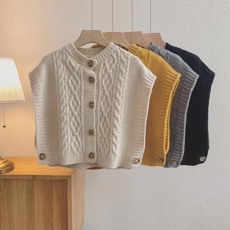 

Женский жилет без рукавов, вязаный узором «косы», на пуговицах, в художественном стиле, серый, с круглым вырезом, вязаный жилет, универсальный One size