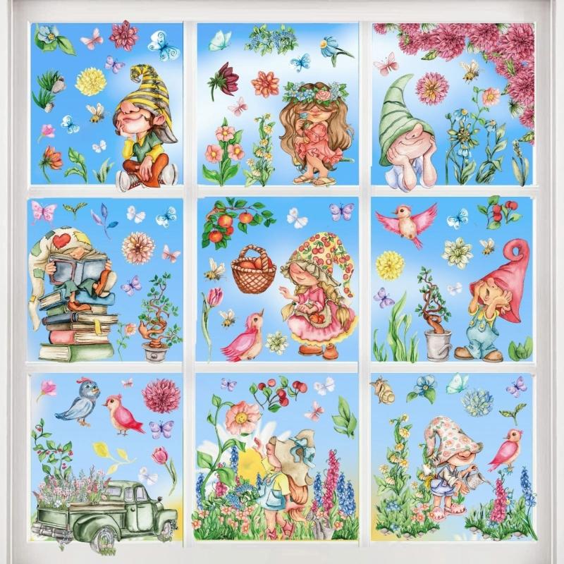 9 Sheets Spring Flower Butterfly Gnomes Window Sticker Reusable PVC Decal Glass Door Clings for Home School Party Decors