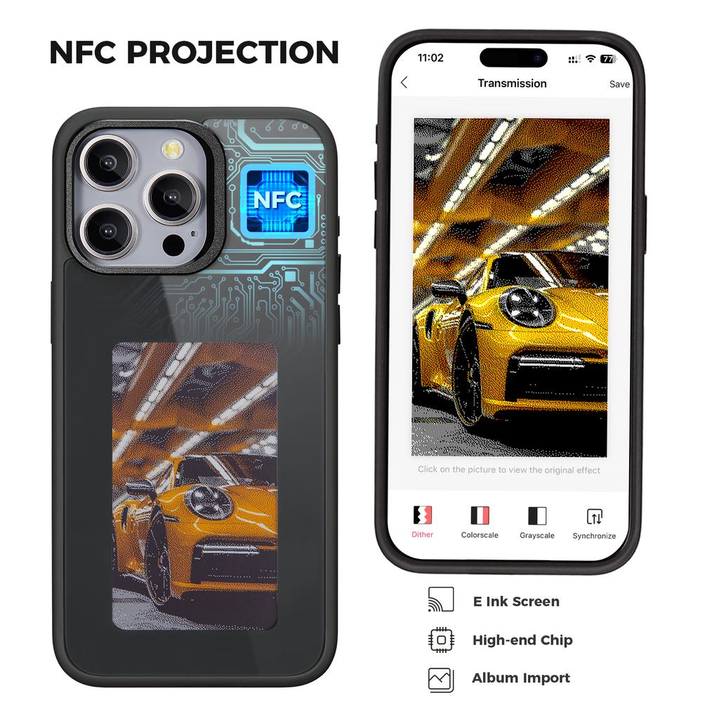 För iPhone 14 Pro E Ink Telefonskal Svart/Vit/Röd/Gul 4-Färgs Smart NFC Projektion DIY Skal