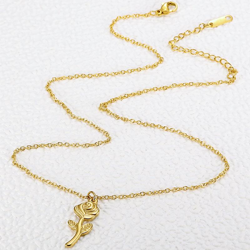 French Elegant 18K Gold-Plated Rose & Little Prince 3D Necklace in Titanium Steel