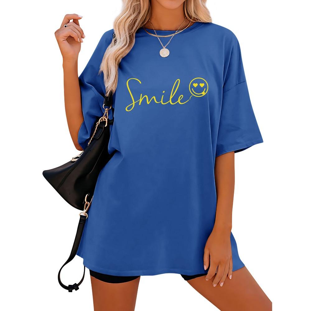 Tricou de damă cu mânecă scurtă, cu imprimeu lejer și mânecă scurtă, cu guler rotund și umăr căzut