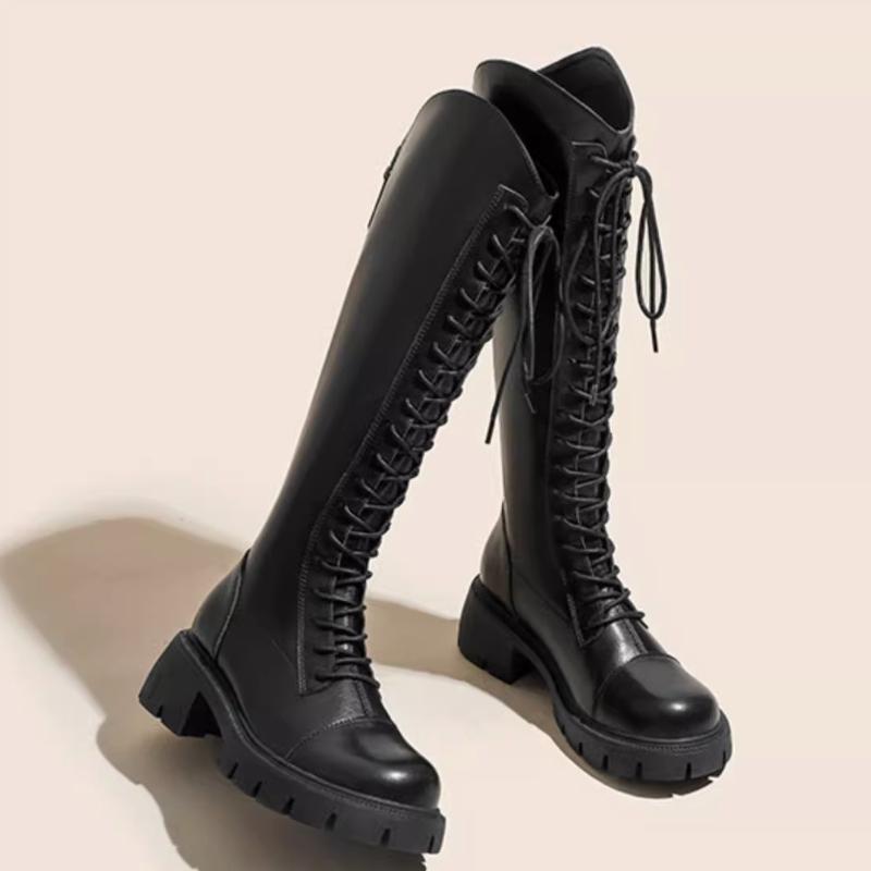 Winter Platform Cross Lace Up Woman Knight Boots Fashion Thick Heel Shoes Street Style Female Short Plush Long Booties