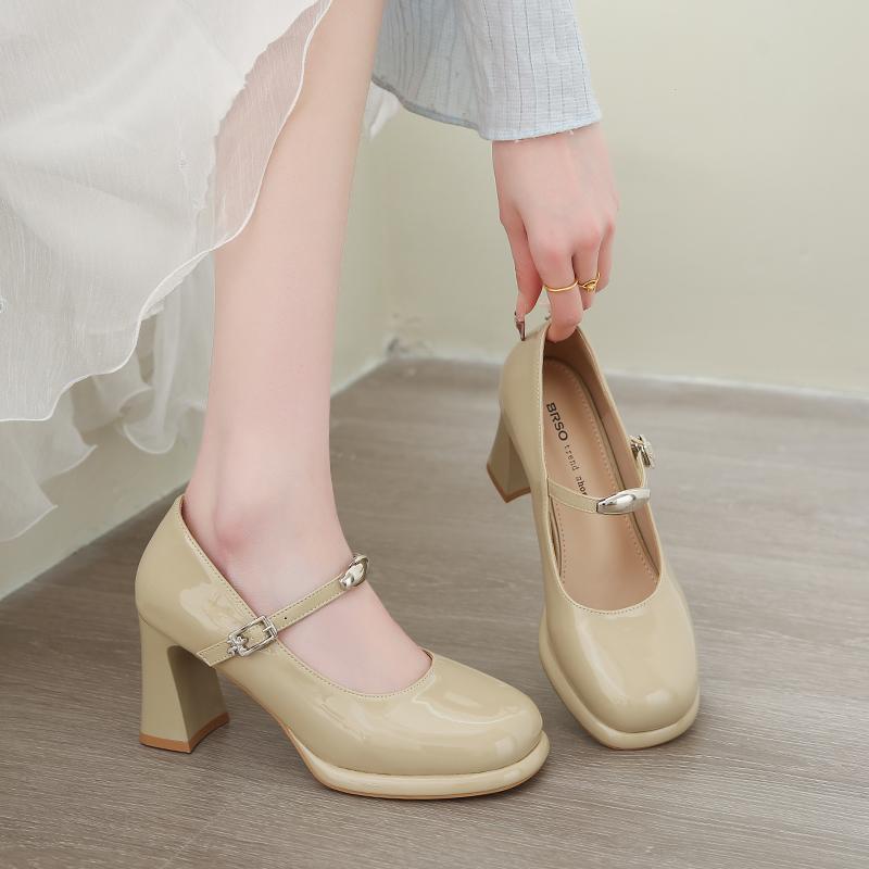 Genuine Leather Mary Jane High Heel Shoes Women's Chunky Heel Slip-On Elegant Mouth Mini Leather Shoes round Toe Rubber Sole