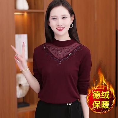 Semi-turtleneck Black Mesh Bottoming Shirt Women's Autumn and Winter New Long-sleeved Inner with Thickened Warm Lace Top