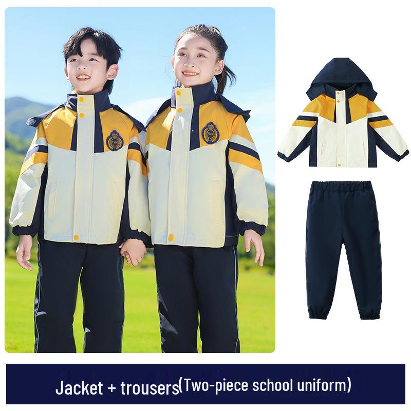 Children's Three-Piece School Uniform Set: Windbreaker for Spring & Autumn, Detachable, Winter-Ready, Thickened for Kindergarten.