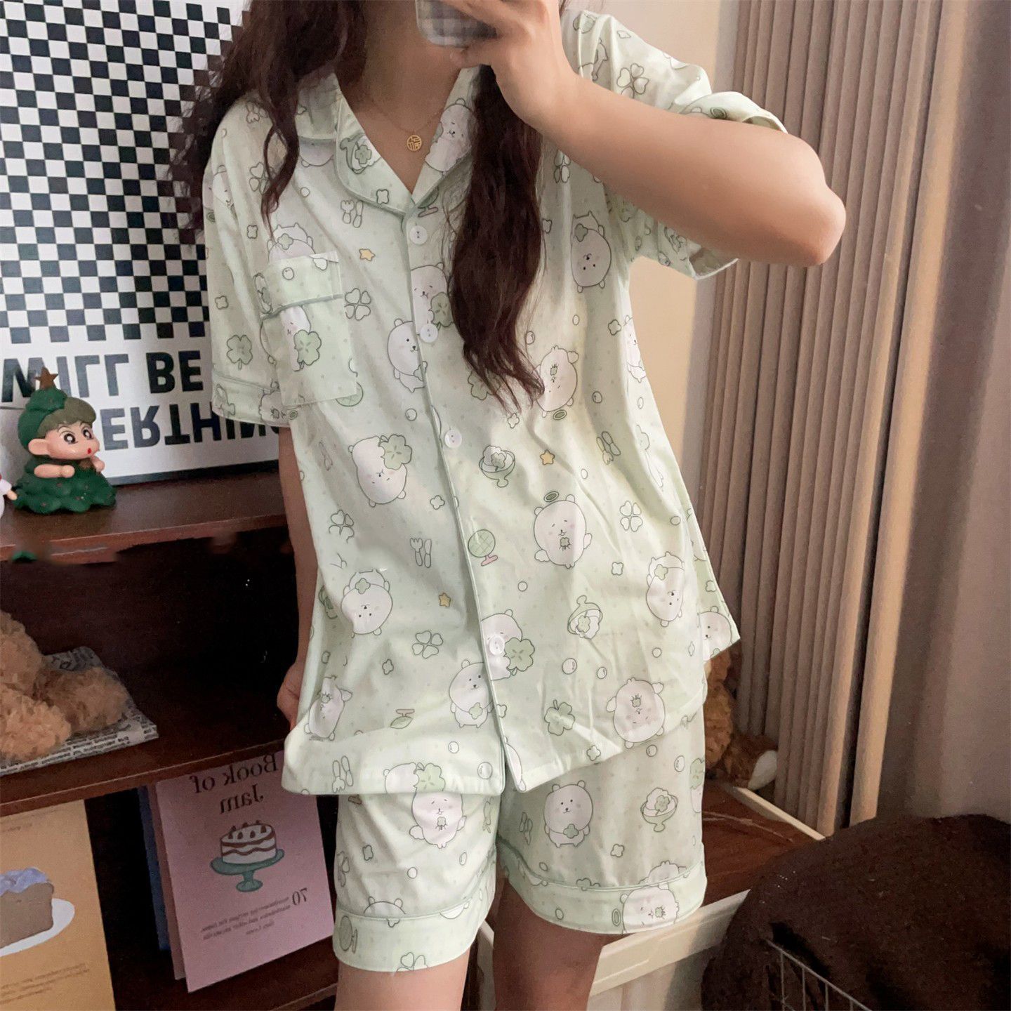 

Cantaloupe self-deprecating bear pajamas women s summer cardigan short-sleeved shorts set girl soft cute princess style loungewear S
