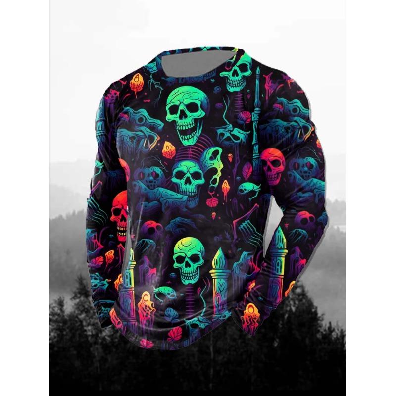 Spring and Autumn Round Neck Halloween Fun Horror Pattern 3D Printed Top Fashionable Casual Long Sleeved Men's T-shirts